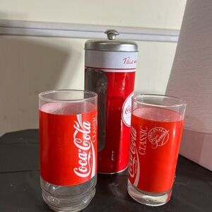 Coca Cola Classic Red Glass Set with Silver Lid Dispenser